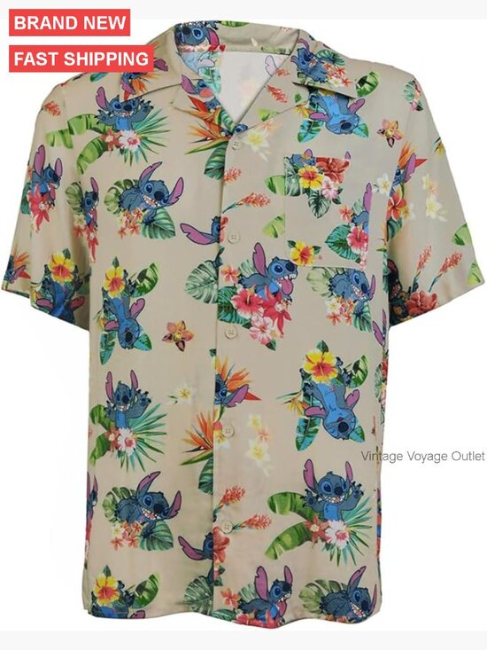 Other - Men's Stitch Tropical Hawaiian Button Up Shirt, Short Sleeve, 100% Rayon